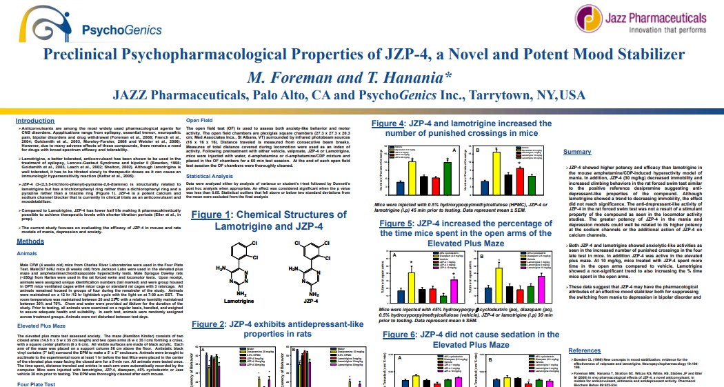 Preclinical Psychopharmacological Properties of JZP-4, a Novel and Potent Mood Stabilizer