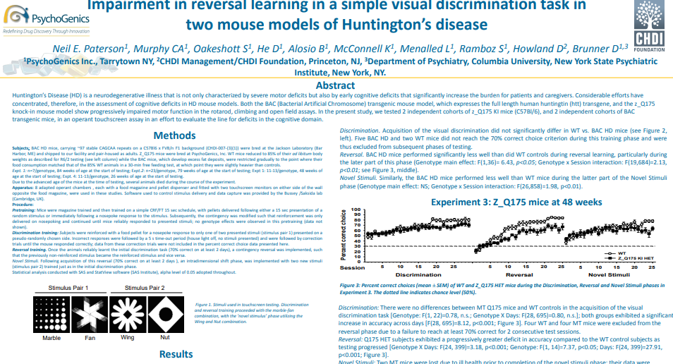 Impairment in reversal learning in a simple visual discrimination task in two mouse models of Huntington’s disease.