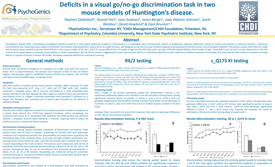 Deficits in a visual go/no-go discrimination task in two mouse models of Huntington’s disease.